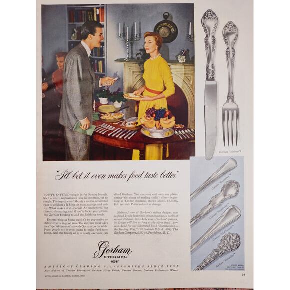 1950 Gorham Sterling "I'll Bet It Even‎ Makes Food Taste Better" Vtg Print Ad - Picture 1 of 6